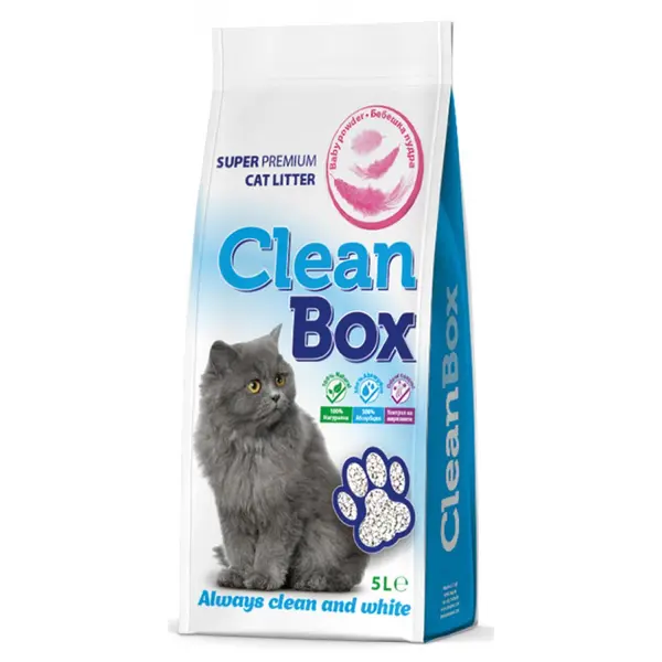 CLEAN BOX Super Premium бебешка пудра, постелка за котешка тоалетна, фин бял бентонит, 5 л