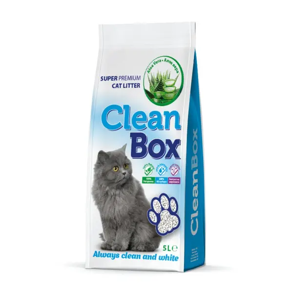 CLEAN BOX Super Premium Алое Вера, постелка за котешка тоалетна, фин бял бентонит, 5 л