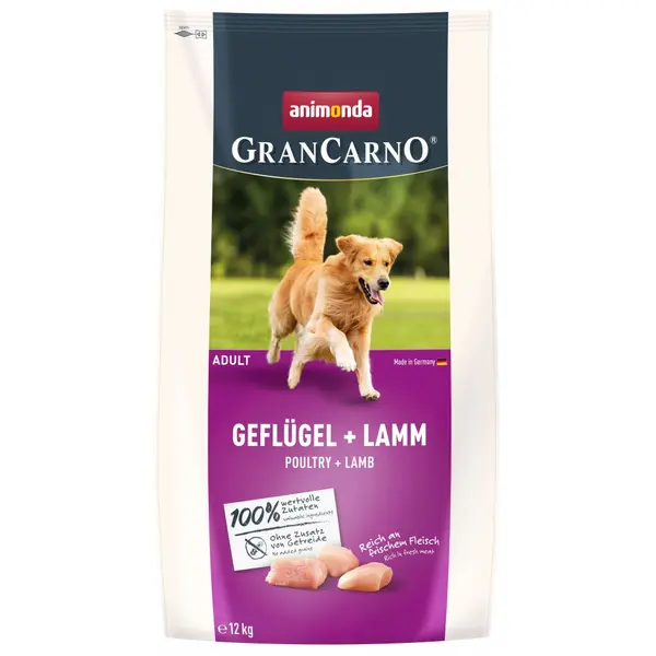 GranCarno dry  Adult - суха храна за израснали кучета с птиче и агнешко, 12 кг