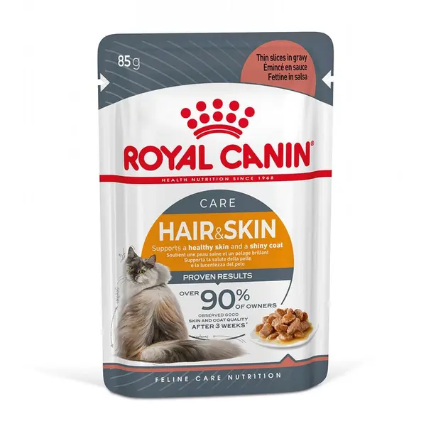 Royal Canin  Hair & Skin In Gravy 12x85g - Пауч за котки в зряла възраст с чувствителна кожа и козина без блясък 12 бр х 85 г