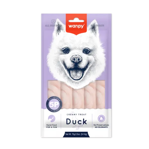 Wanpy Dog - кремообразно лакомство за кучета с патешко, 5х14 г