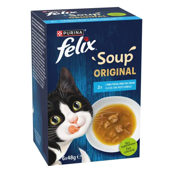 Felix Soup Original Рибна Селекция - допълваща храна за котки с риба тон, треска и писия 6 х 48 гр