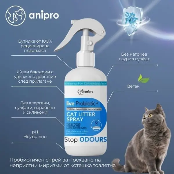 anipro Live Probiotic+ Stop Odour - пробиотичен спрей за премахване на миризми от котешка тоалетна, 500 мл