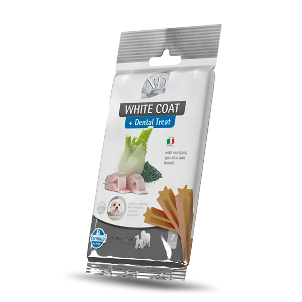 N&D WHITE DOG Dental Treat Sea Bass, Fennel & Spirulina Adult Medium & Maxi- монопротеинови дентални лакомства за кучета с бяла козина от средни и едри породи с лаврак, фенел и спирулина - 100 гр