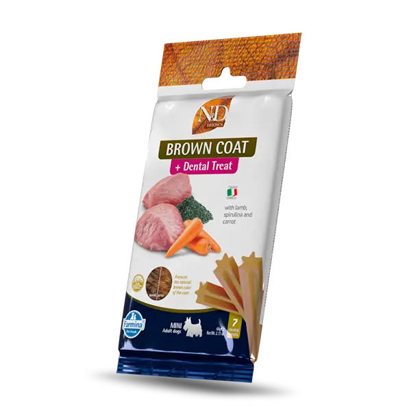 N&D BROWN DOG Dental Treat Lamb, Carrot & Spirulina Adult MINI - дентални лакомства за кучета с кафява козина от дребни породи с агнешко, моркови и спирулина - 60 гр