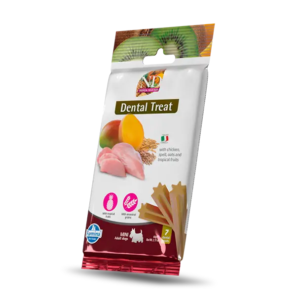 N&D TROPICAL SELECTION DOG Dental Treat Chicken Adult MINI - дентални лакомства за кучета от дребни породи с пиле, спелта, овес и тропически плодове - 60 гр