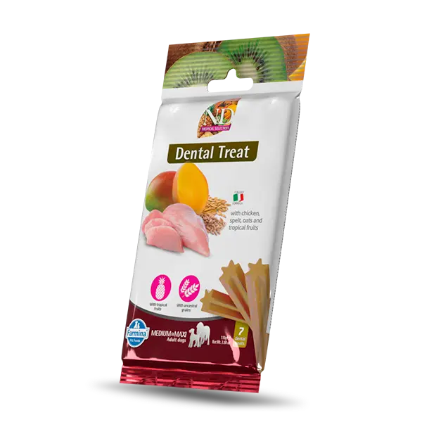 N&D TROPICAL SELECTION DOG Dental Treat Chicken Adult Medium & Maxi - дентални лакомства за кучета от средни и едри породи с пиле, спелта, овес и тропически плодове  - 100 гр