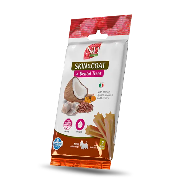 N&D QUINOA DOG Dental Treat Skin & Coat Herring Adult MINI - монопротеинови дентални лакомства за здрава кожа и козина за кучета от дребни породи с киноа, херинга, кокос и куркума - 60 гр