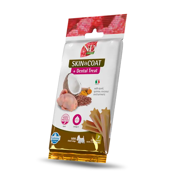 N&D QUINOA DOG Dental Treat Skin & Coat Quail Adult MINI - монопротеинови дентални лакомства за здрава кожа и козина за кучета от дребни породи с киноа, пъдпъдък, кокос и куркума - 60 гр