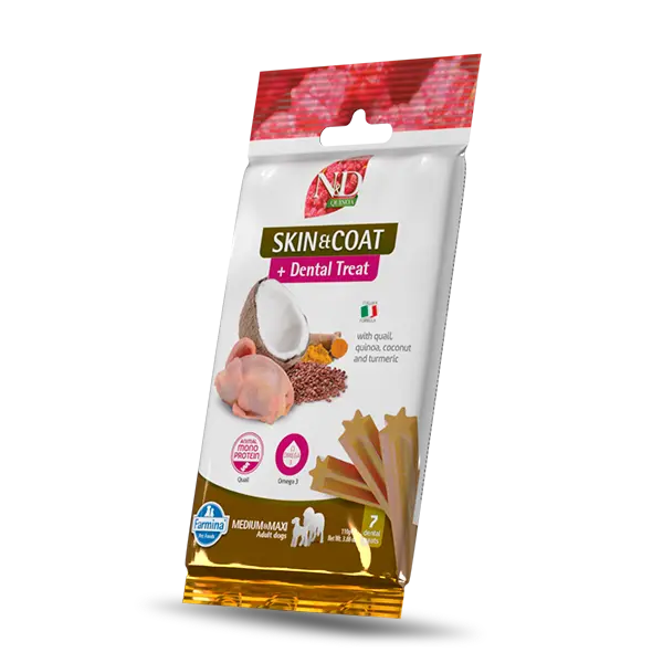 N&D QUINOA DOG Dental Treat Skin & Coat Quail Adult Medium & Maxi - монопротеинови дентални лакомства за здрава кожа и козина за кучета от средни и едри породи с киноа, пъдпъдък, кокос и куркума - 100 гр