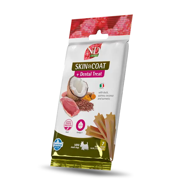 N&D QUINOA DOG Dental Treat Skin & Coat Duck Adult MINI - монопротеинови дентални лакомства за здрава кожа и козина за кучета от дребни породи с киноа, патешко, кокос и куркума - 60 гр