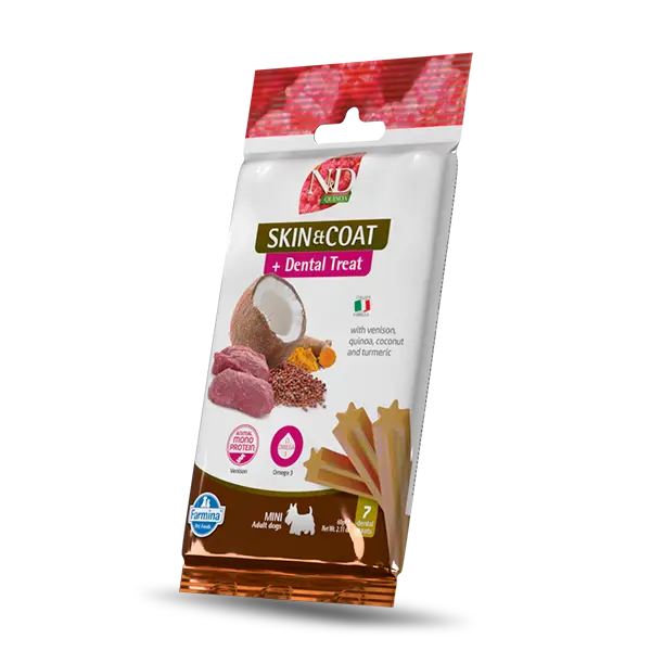 N&D QUINOA DOG Dental Treat Skin & Coat Venison Adult MINI - монопротеинови дентални лакомства за здрава кожа и козина за кучета от дребни породи с киноа, еленско, кокос и куркума - 60 гр