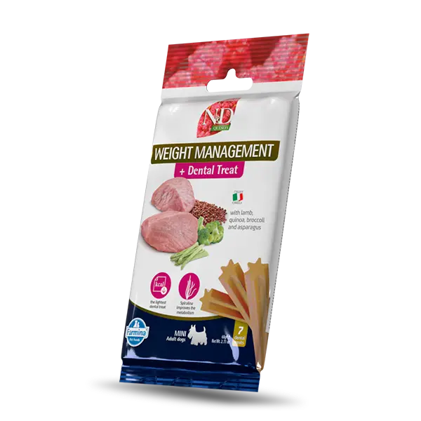 N&D QUINOA DOG Dental Treat Weight Management Adult MINI - дентални лакомства за контрол на теглото за кучета от дребни породи с киноа, агнешко, броколи и аспержи - 60 гр