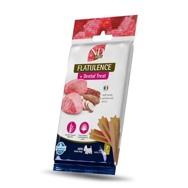 N&D QUINOA DOG Dental Treat Flatulence Adult MINI - дентални лакомства за знамаляване на неприятните миризми и подобряване на метаболизма за кучета от дребни породи с киноа, агнешко и юка - 60 гр