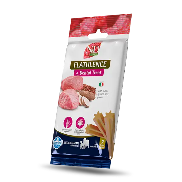 N&D QUINOA DOG Dental Treat Flatulence Adult Medium & Maxi - дентални лакомства за знамаляване на неприятните миризми и подобряване на метаболизма за кучета от средни и едри породи с киноа, агнешко и юка - 100 гр