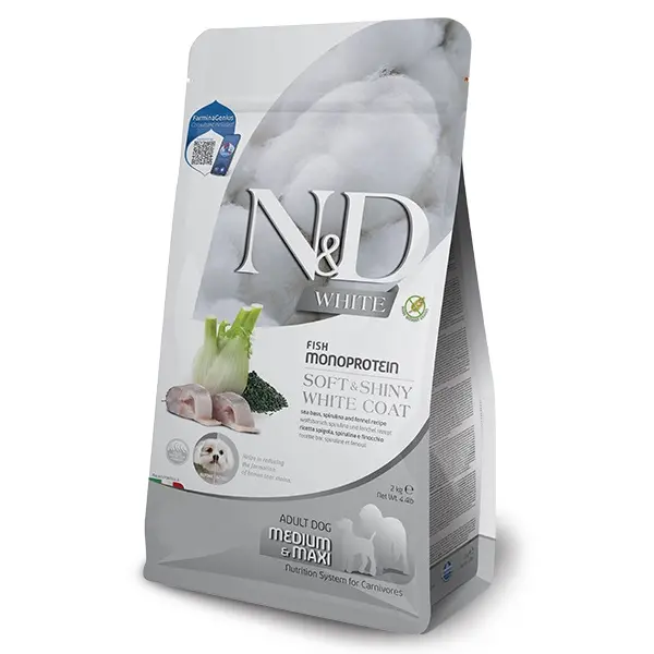 N&D Spirulina WHITE Dog Medium&Maxi– монопротеинова суха храна без зърнени култури за кучета с бяла козина от средни и едри породи над 1 година, с лаврак, спирулина и фенел - 7 кг
