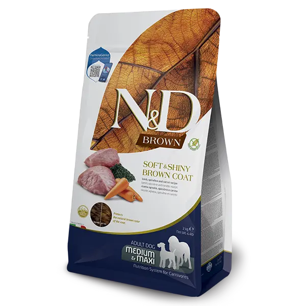 N&D Brown Dog Lamb, spirulina and carrot Adult Medium&Maxi - суха храна без зърнени култури за кучета с кафява козина от средни и едри породи в зряла възраст над 1 година, с агнешко, спирулина и морков - 7 кг