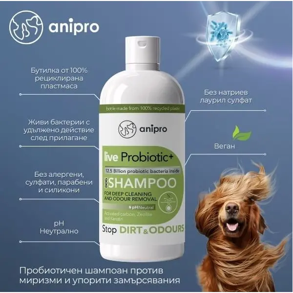 anipro Live Probiotic+ Stop Dirt & Odours - пробиотичен шампоан за кучета против миризми и упорити замърсявания, 250 мл