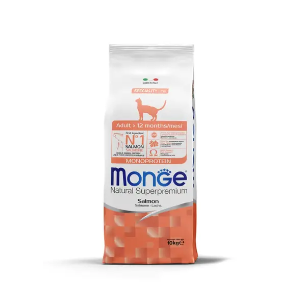 Monge Natural Superpremium Monoprotein Adult Cat Salmon - Пълноценна суха монопротеинова храна за котки в зряла възраст със сьомга - 10 кг