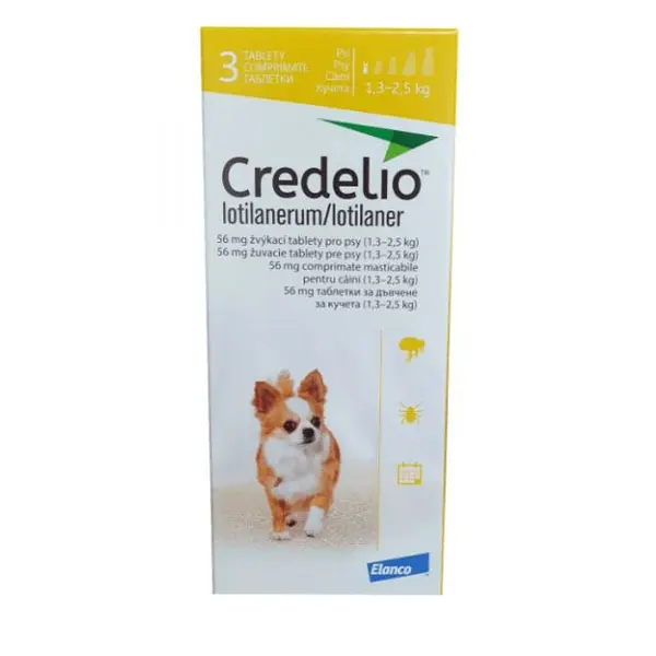 Elanco Credelio 56 mg - дъвчащи овкусени таблетки за кучета от 1,3 до 2,5 кг - кутия с 3 броя
