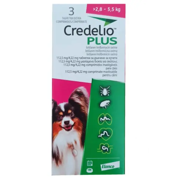 Credelio Plus - таблетки за вътрешно и външно обезпаразитяване на кучета от 2,8 до 5,5 кг - кутия с 3 таблетки