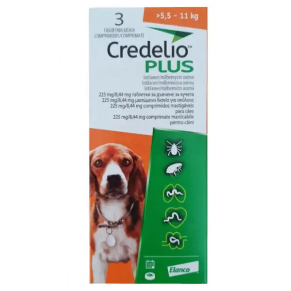 Credelio Plus - таблетки за вътрешно и външно обезпаразитяване на кучета от 5,5 до 11 кг - кутия с 3 таблетки