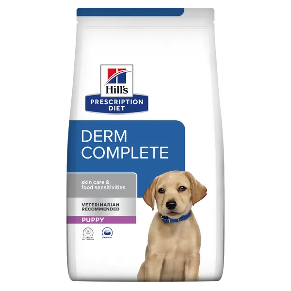 Hill's Prescription Diet Dog Derm Complete Puppy - лечебна суха храна за кученца с хранителни алергии и алергии от околната среда, с ориз и яйца - 1,5 кг