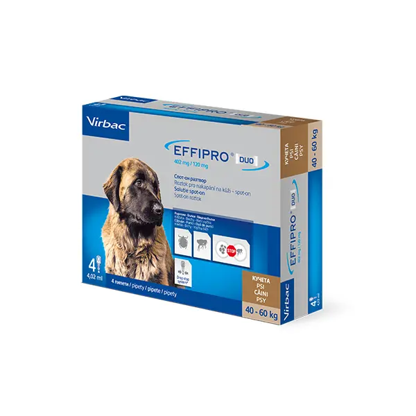 Virbac Effipro DUO Spot-on XL – 40-60 кг –  потивопаразитна пипета за кучета - кутия с 4 броя пипети