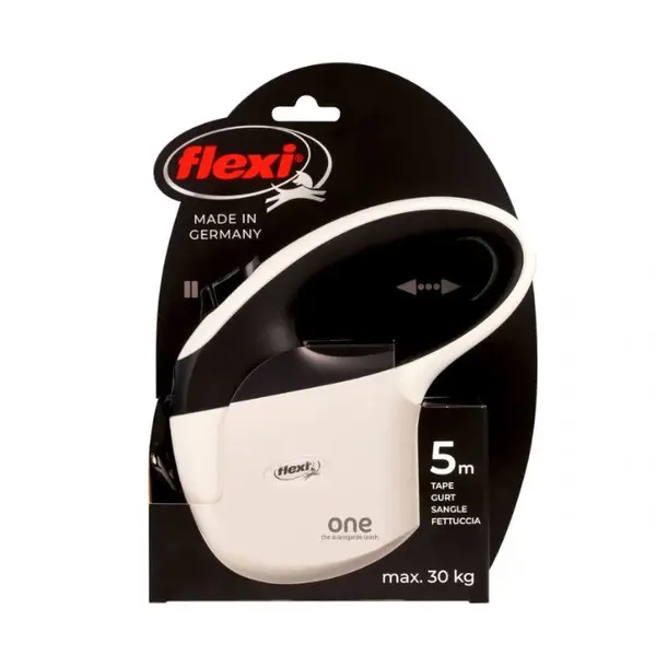 flexi One for All - Автоматичен повод за кучета до 30 кг, 5 м лента, бяло/черно