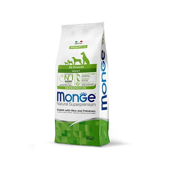 Monge Natural Superpremium All breeds Adult Monoprotein Rabbit with Rice and Potatoes - Пълноценна суха храна за кучета в зряла възраст от всички породи със заешко, ориз и картофи - 12 кг