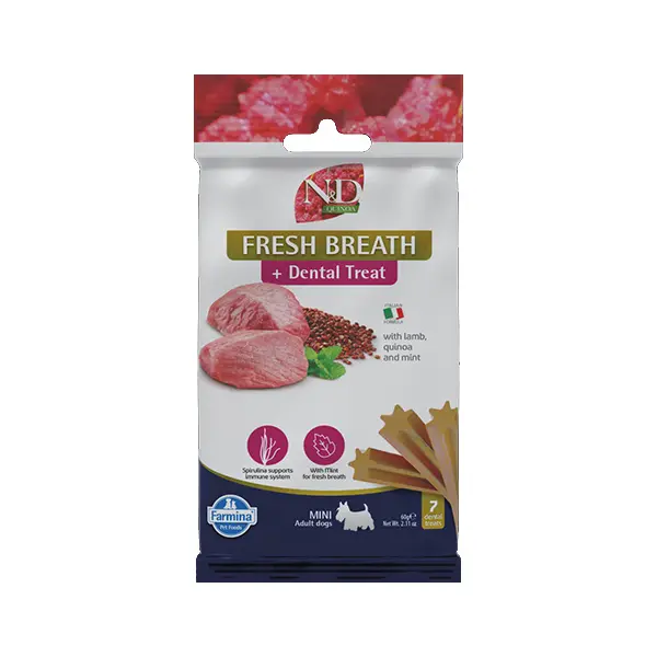 N&D QUINOA DOG Dental Treat Fresh Breath Adult MINI - дентални лакомства за свеж дъж и подобряване на метаболизма за кучета от дребни породи с киноа, агнешко и мента - 60 гр