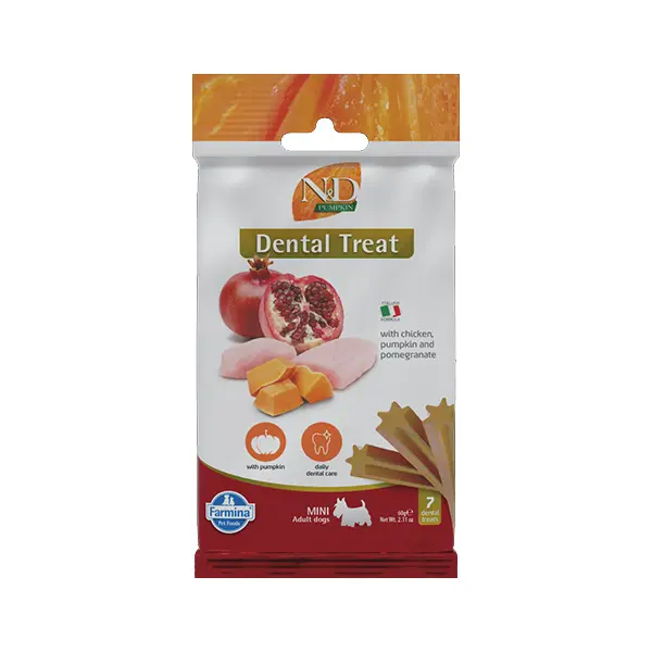 N&D PUMPKIN DOG Dental Treat Chicken & Pomegranate Adult MINI - дентални лакомства за кучета от дребни породи с тиква, пиле и нар - 60 гр