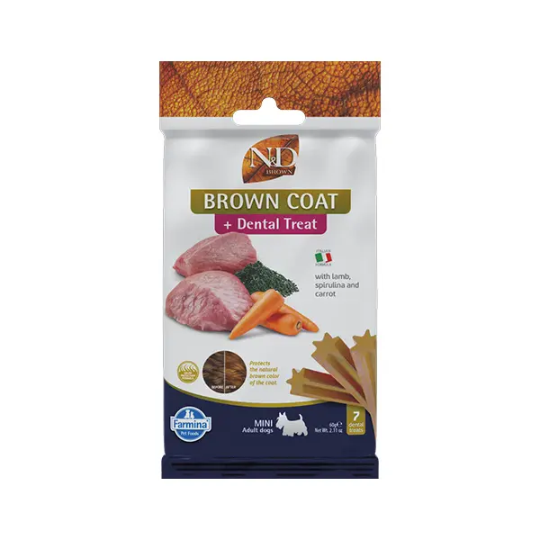 N&D BROWN DOG Dental Treat Lamb, Carrot & Spirulina Adult MINI - дентални лакомства за кучета с кафява козина от дребни породи с агнешко, моркови и спирулина - 60 гр