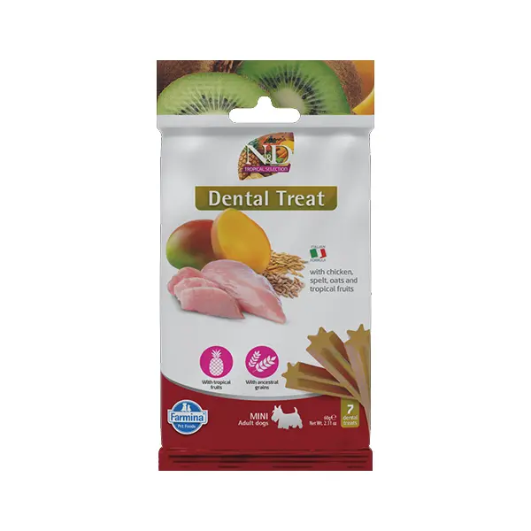 N&D TROPICAL SELECTION DOG Dental Treat Chicken Adult MINI - дентални лакомства за кучета от дребни породи с пиле, спелта, овес и тропически плодове - 60 гр
