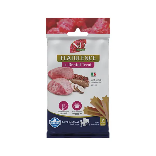 N&D QUINOA DOG Dental Treat Flatulence Adult Medium & Maxi - дентални лакомства за знамаляване на неприятните миризми и подобряване на метаболизма за кучета от средни и едри породи с киноа, агнешко и юка - 100 гр