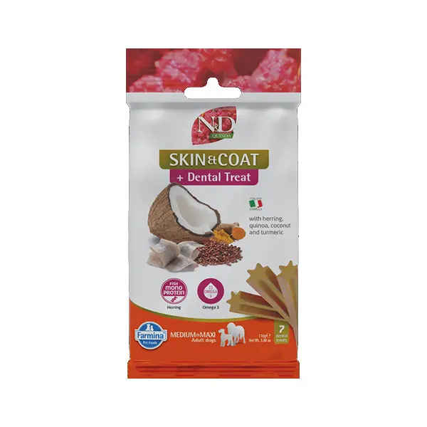 N&D QUINOA DOG Dental Treat Skin & Coat Herring Adult Medium & Maxi - монопротеинови дентални лакомства за здрава кожа и козина за кучета от средни и едри породи с киноа, херинга, кокос и куркума - 100 гр