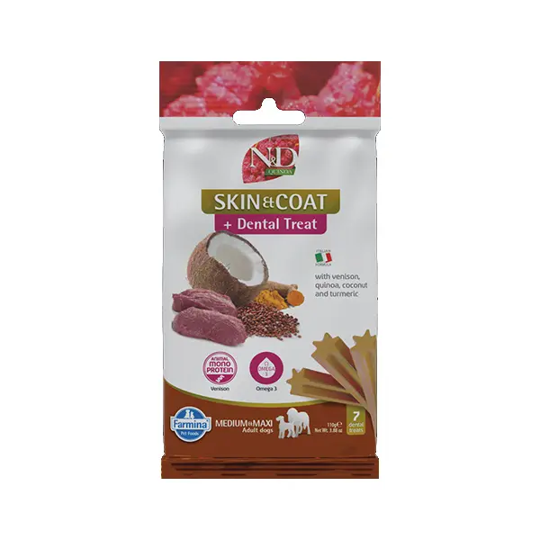 N&D QUINOA DOG Dental Treat Skin & Coat Venison Adult Medium & Maxi - монопротеинови дентални лакомства за здрава кожа и козина за кучета от средни и едри породи с киноа, еленско, кокос и куркума - 100 гр