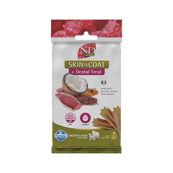 N&D QUINOA DOG Dental Treat Skin & Coat Duck Adult Medium & Maxi - монопротеинови дентални лакомства за здрава кожа и козина за кучета от средни и едри породи с киноа, патешко, кокос и куркума - 100 гр