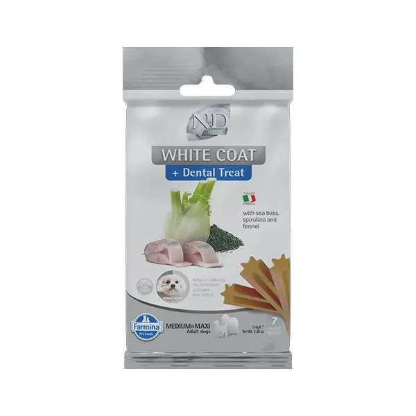 N&D WHITE DOG Dental Treat Sea Bass, Fennel & Spirulina Adult Medium & Maxi- монопротеинови дентални лакомства за кучета с бяла козина от средни и едри породи с лаврак, фенел и спирулина - 100 гр