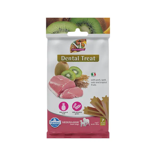N&D TROPICAL SELECTION DOG Dental Treat Pork Adult Medium & Maxi - дентални лакомства за кучета от средни и едри породи със свинско, спелта, овес и тропически плодове - 100 гр