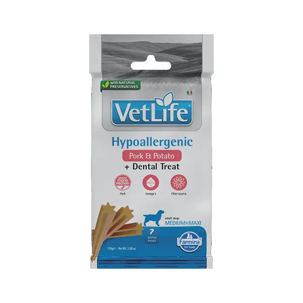 Vet Life Hypoallergenic Dental Treat With Pork and Sweet potato Medium&Maxi – Монопротеинови дентални стикове за кучета от средни и едри породи със свинско и сладък картоф - 100 г