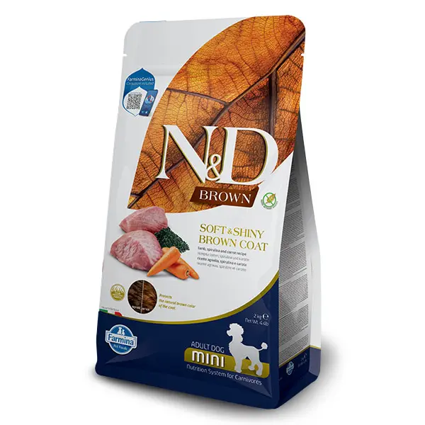 N&D Brown Dog Lamb, spirulina and carrot Adult Mini - суха храна без зърнени култури за кучета с кафява козина от мини породи над 1 година, с агнешко, спирулина и морков - 5 кг