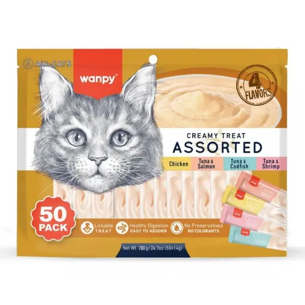 Wanpy Creamy Treat Assorted Cat - Кремообразно лакомство за котки -  микс от 4  различни вкуса -  50 бр. х 14 г