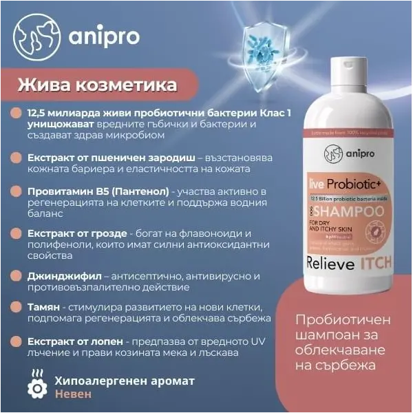anipro Live Probiotic+ Reliеve Itch - пробиотичен шампоан за кучета при суха и сърбяща кожа - 250 мл