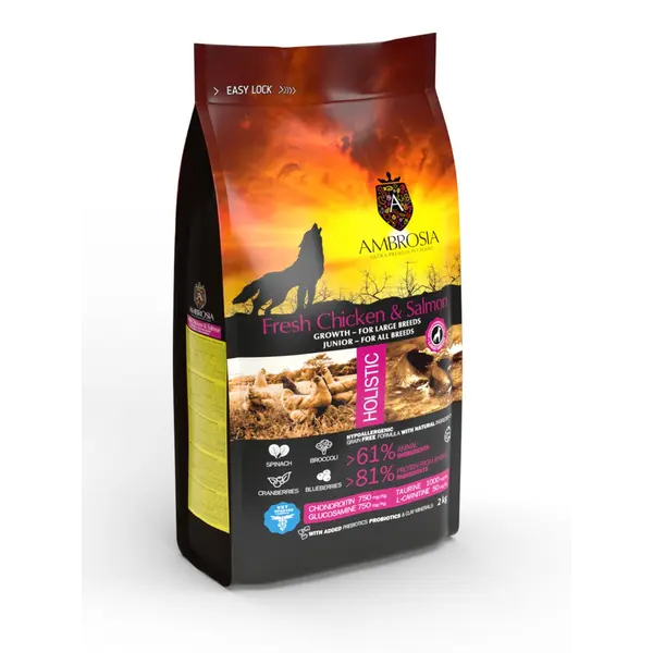 Ambrosia Puppy Large Breed Fresh Chicken & Salmon - За кученца от големи породи до 1 година, с пилешко и сьомга, 12 кг