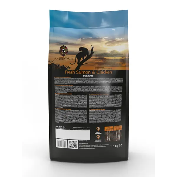 Ambrosia Sterilized Cat Fresh Salmon & Chicken Ulta premium - холистична, хипоалергенна, беззърнена храна за кастрирани котки със сьомга и пилешко, 1,5 кг