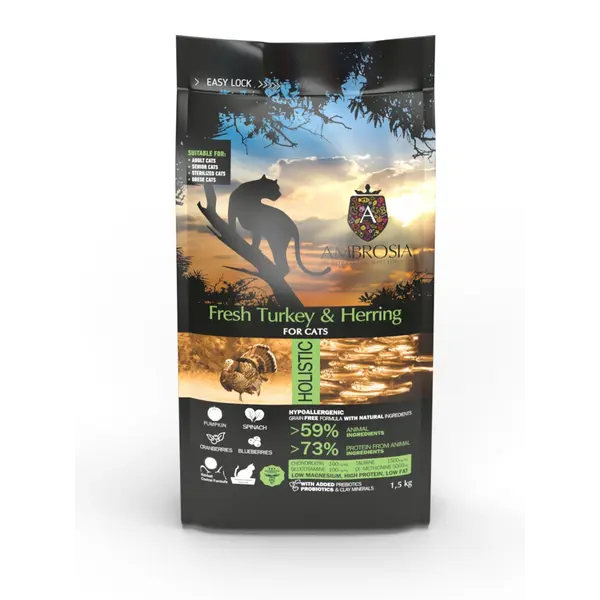 Ambrosia Sterilized Senior Cat Fresh Turkey & Herring Ulta premium - холистична, хипоалергенна, беззърнена храна за възрастни кастрирани котки с пуешко и херинга, 1,5 кг