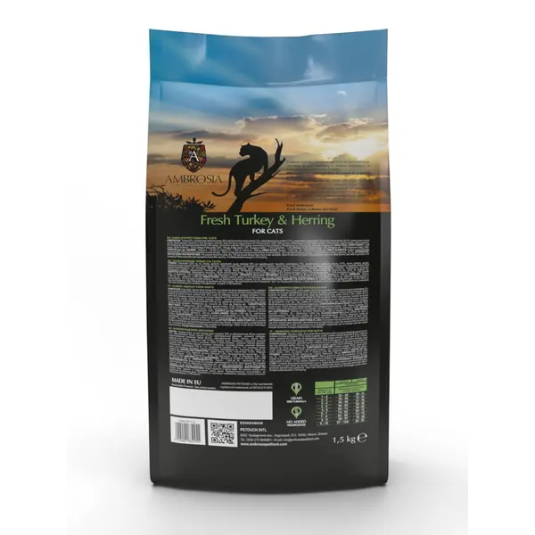 Ambrosia Sterilized Senior Cat Fresh Turkey & Herring Ulta premium - холистична, хипоалергенна, беззърнена храна за възрастни кастрирани котки с пуешко и херинга, 1,5 кг