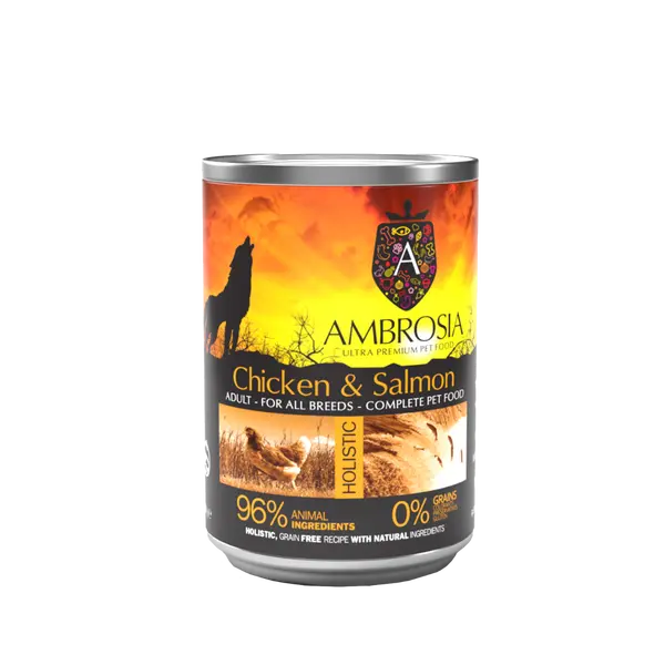 Ambrosia All Breed Chicken & Salmon - здравословна храна за кучета от всички породи с Пиле и Сьомга - 400 гр.