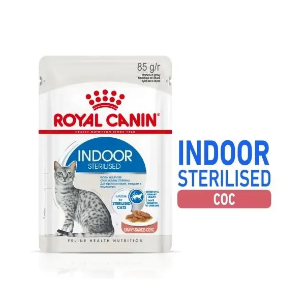 Royal Canin Indoor Sterilised Gravy - Пълноценна мокра храна за кастрирани котки, живеещи на закрито - парченца в сос в пауч 12х85 г